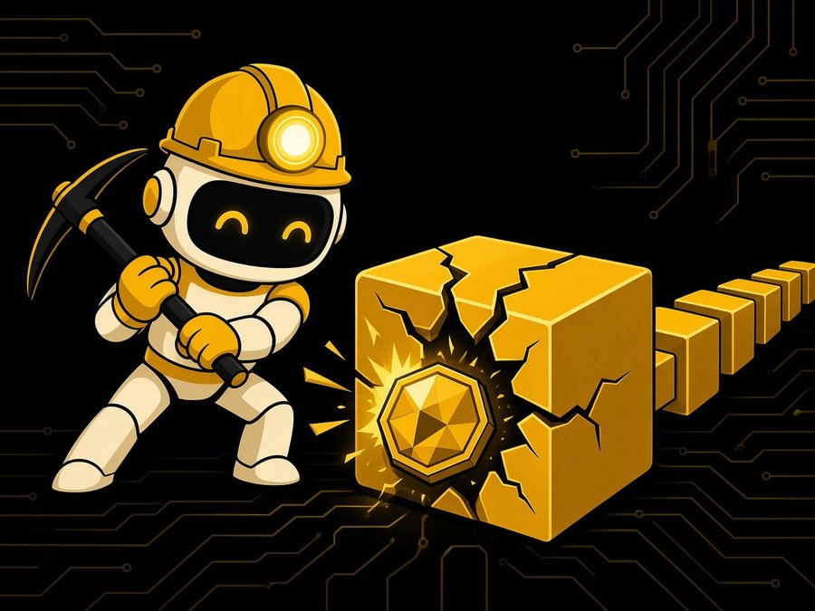 Robot miner swinging a pickaxe at a gold block